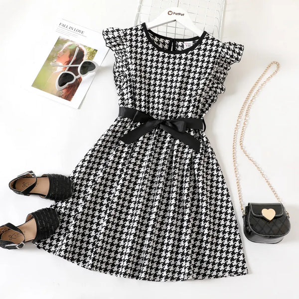 Pat Pat Kid Girl Houndstooth Flutter-sleeve Belted Dress, 7-8T +