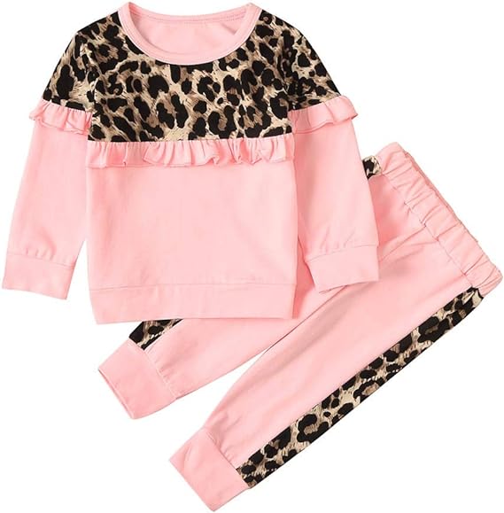 Pat Pat Leopard Print Ruffles Tops Tee Pants Outfit, 3T +
