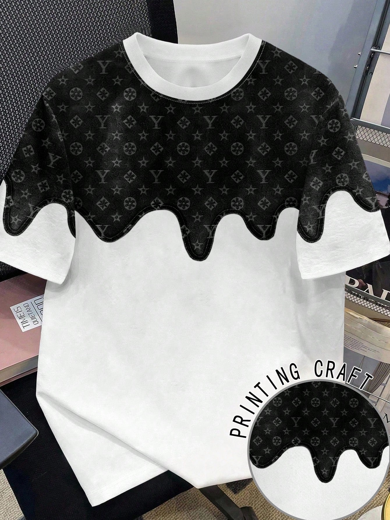 Men's Casual Retro Denim Floral Patchwork Print Round Neck Short Sleeve T-Shirt