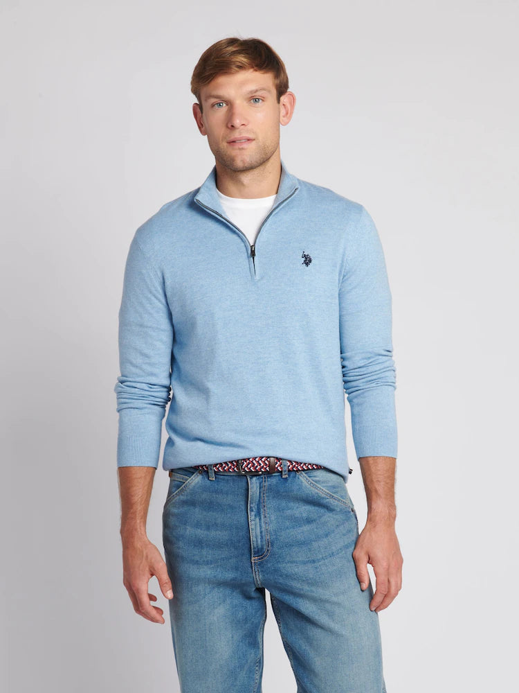 U.S. Polo Blue Men's Funnel Neck Quarter Zip Knit Jumper, S +
