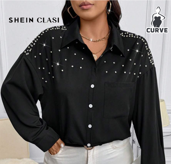 Shein Plus Size Solid Color Front Button Long Sleeve Shirt, 1XL +