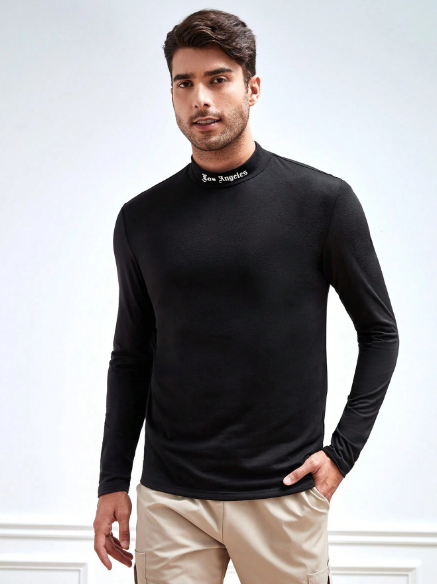Shein Men Regular Letter Graphic Mock Neck Long Sleeve Urban Tee, XL -.