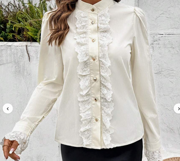 Shein Women's Elegant Lace Trim Long Sleeve Blouse, XL +