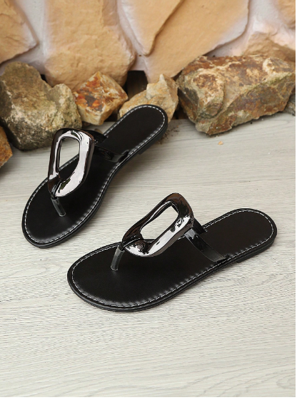 Shein Sandals, Summer Outdoor Wear Metal Buckle Flat Flip Flops>