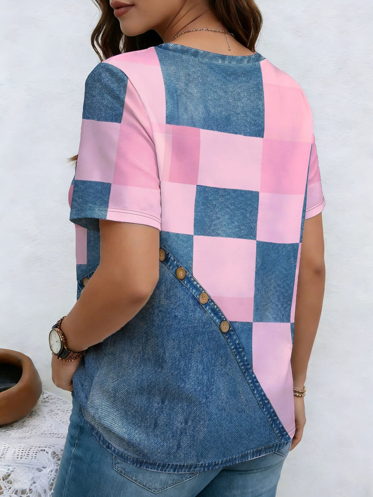 Women's Plus Size Patchwork Print Ribbed V-Neck Casual T-Shirt