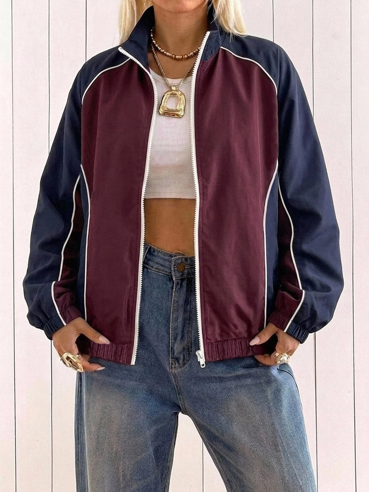 Women's Colorblock Zip-Up Loose Short Jacket