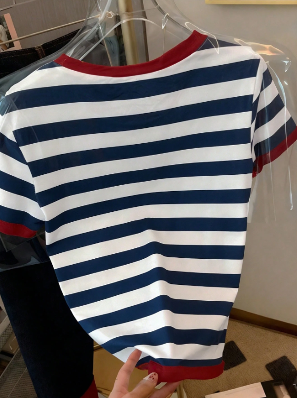 Shein Women's Cartoon Bear Striped Print Casual Round Neck Short Sleeve T-Shirt >