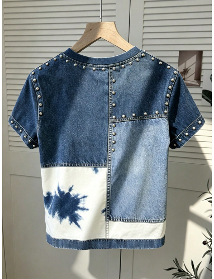 Shein Light Blue And White T-Shirt,Casual Round Neck Tee, L -.