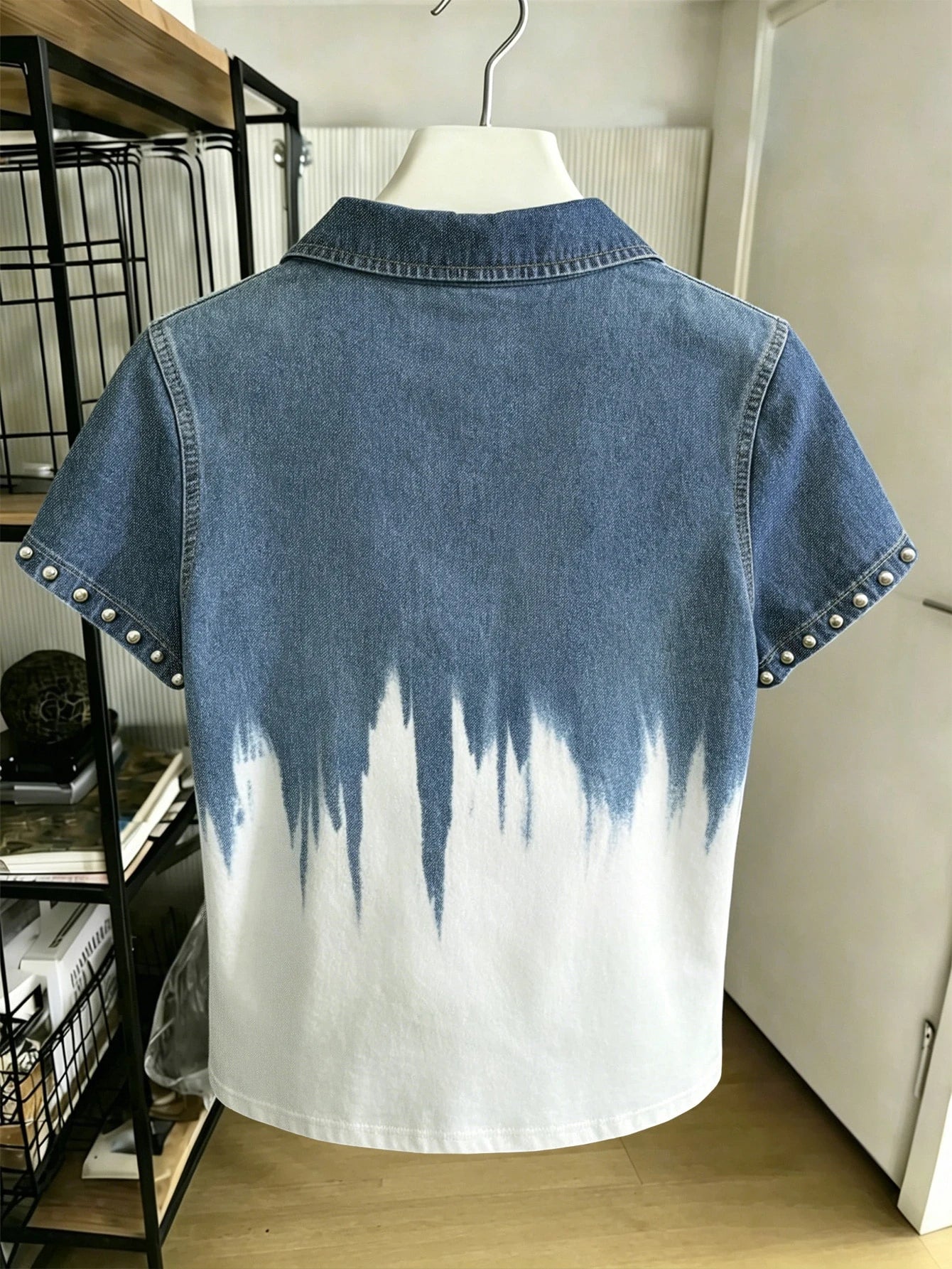 Women's Denim-Effect Print Lapel Collar Short Sleeve Slim Fit T-Shirt