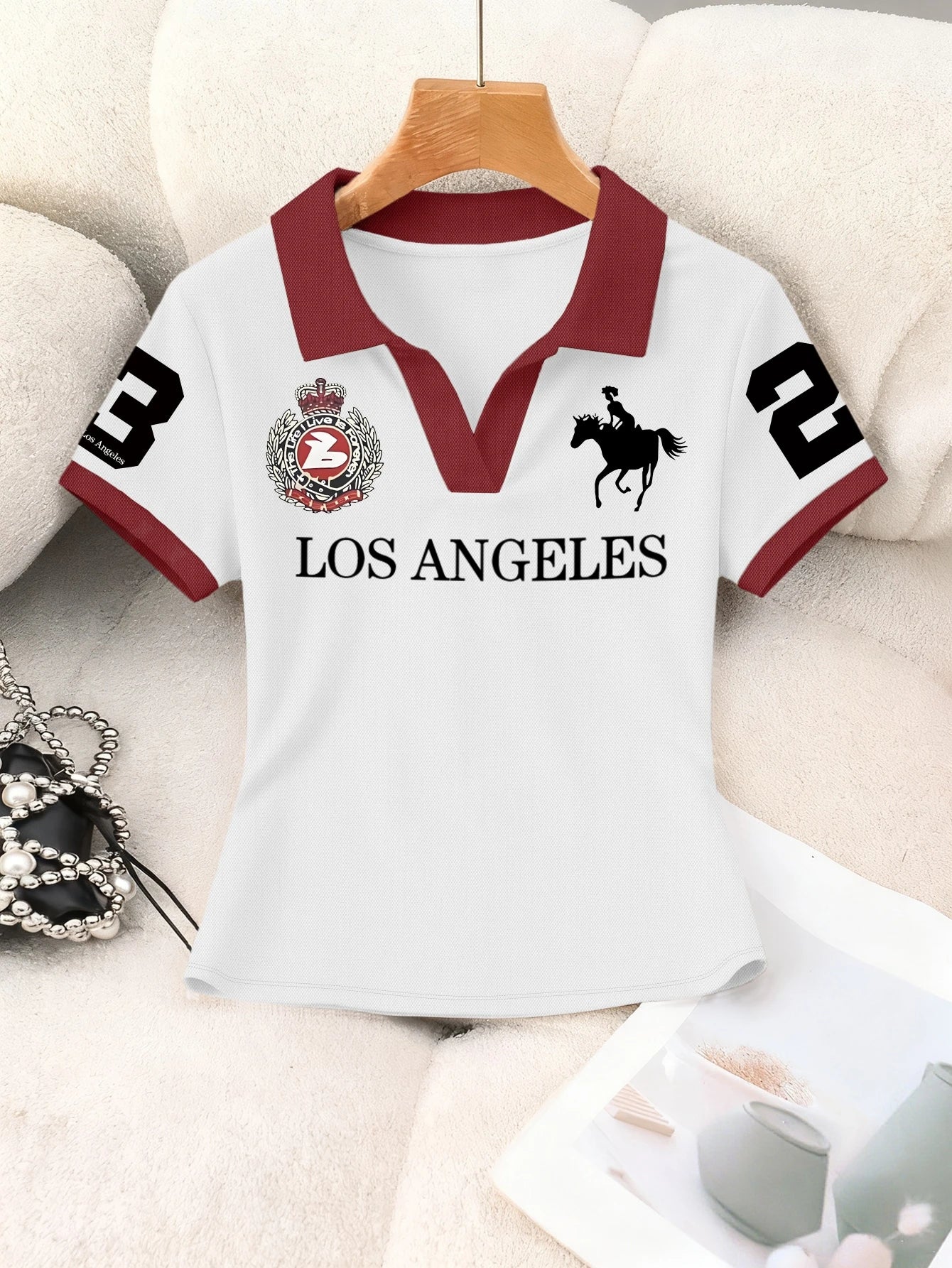 Women's Casual Sporty V-Neck Contrast Trim Letter Print Summer Top