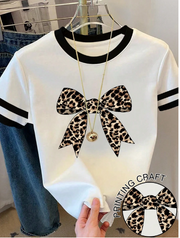 Shein Leopard Print Bow Patchwork Round Neck T-Shirt, L >