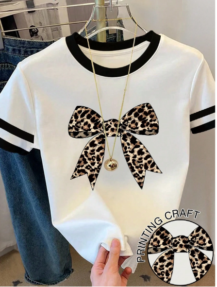 Shein Leopard Print Bow Patchwork Round Neck T-Shirt, L >