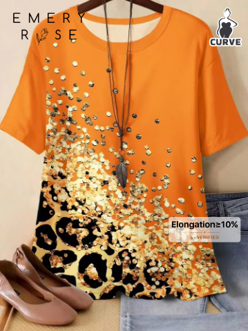 Shein Leopard Sequin Print Round Neck Short Sleeve Casual T-Shirt, 1XL -.