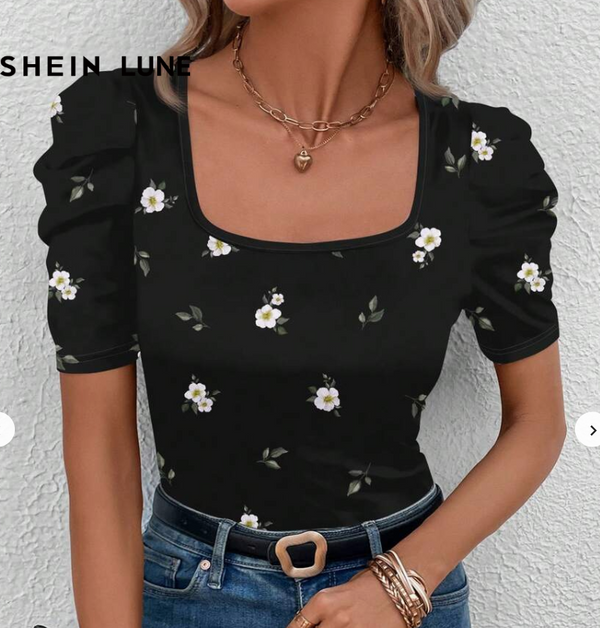 Shein Floral Print Puff Sleeve Tee, XL +