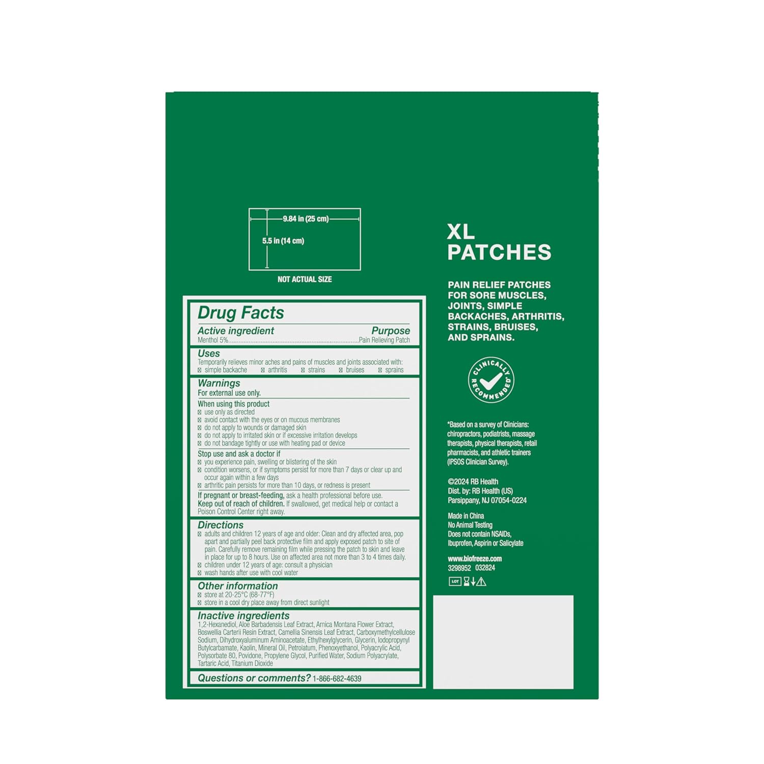 Biofreeze XL Menthol Pain Relieving Patches, 4 Patches 2 Sizes Up To 8 Hours