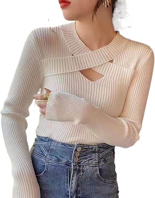 Shein Women's Long Sleeved Pullover Cross V-neck Base Coat Casual Knitting Clothing, XL -.