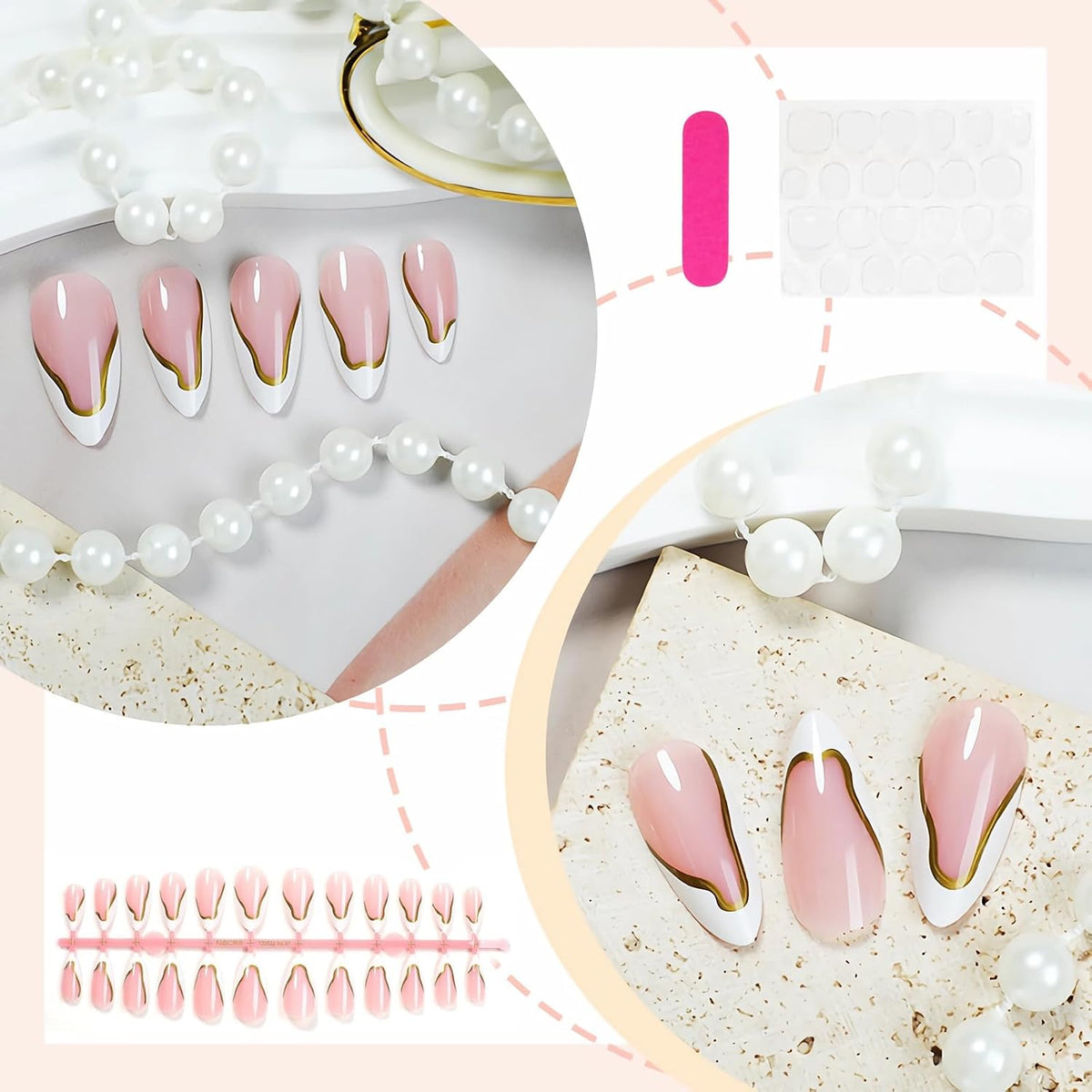 Shein 24 White French Tip Press-on Nails, Gold Line Fake Nails