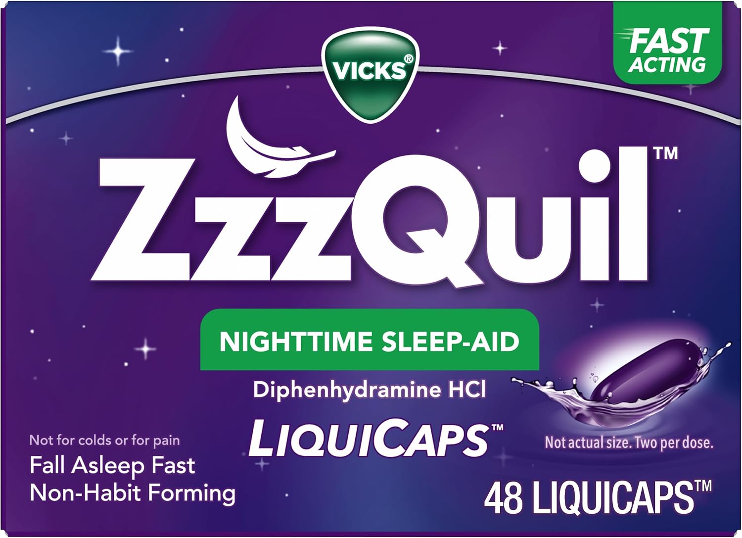 Vicks ZzzQuil Sleep Aid Liquicaps, Diphenhydramine HCl, Over-the-Counter Medicine, 48 Count