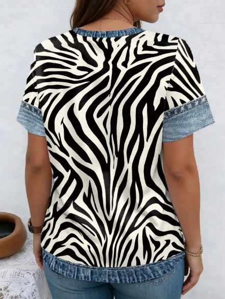 Shein Zebra Print V-Neck Short Sleeve Casual Plus Size T-Shirt, 0XL>