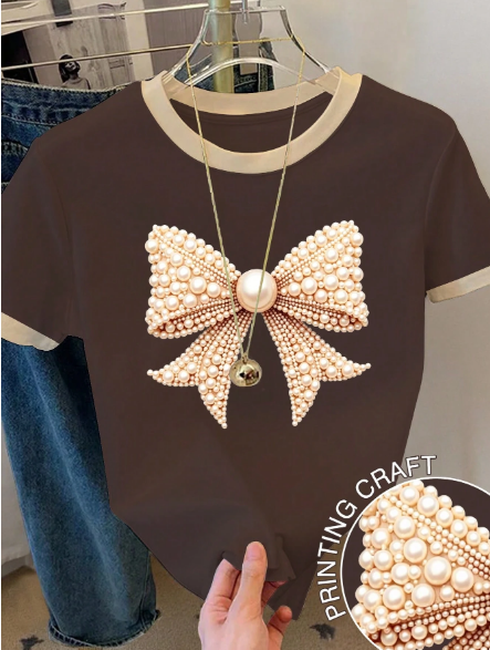 Shein Bow Print Color Block Round Neck Short Sleeve T-Shirt -.