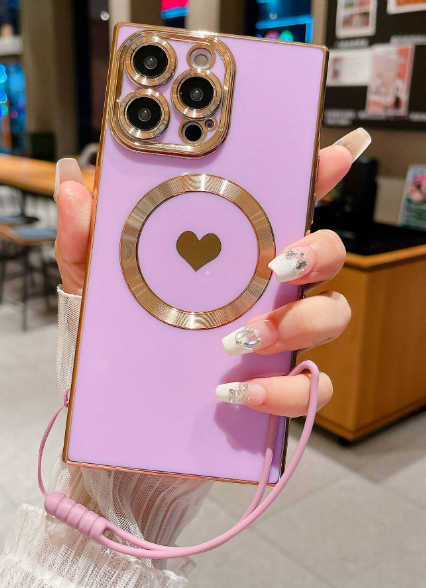 New Beige Electroplated Heart-Shaped Magnetic Adsorption Painted Straight Edge + Adjustable Anti-Lost Lanyard Shockproof Phone Case>