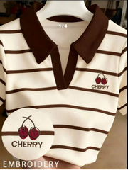 Shein Women's Striped Print Letter Embroidery Casual Short Sleeve Top >
