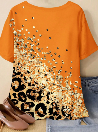 Shein Leopard Sequin Print Round Neck Short Sleeve Casual T-Shirt, 1XL -.
