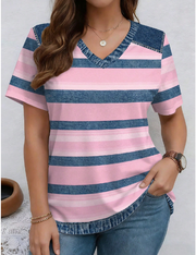 Shein Patchwork Pattern Striped V-Neck Short Sleeve Casual Plus Size T-Shirt, 0XL -.
