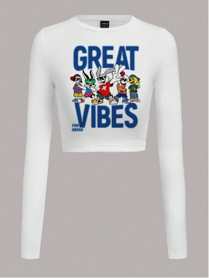 Shein Casual Minimalist Cartoon Rabbit Short Round Neck Long Sleeve T-Shirt, S -.