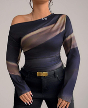 Shein Plus Size Women Tie-Dye Print Asymmetric Neck Ruched Long Sleeve T-Shirt, 3XL>