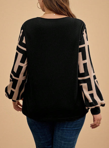 Shein Comfylo Plus Size Colorblock Lantern Sleeve Casual Loose Top, 0XL -.