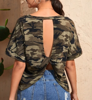 Shein Camo Print Batwing Sleeve Twist Detail Tee */