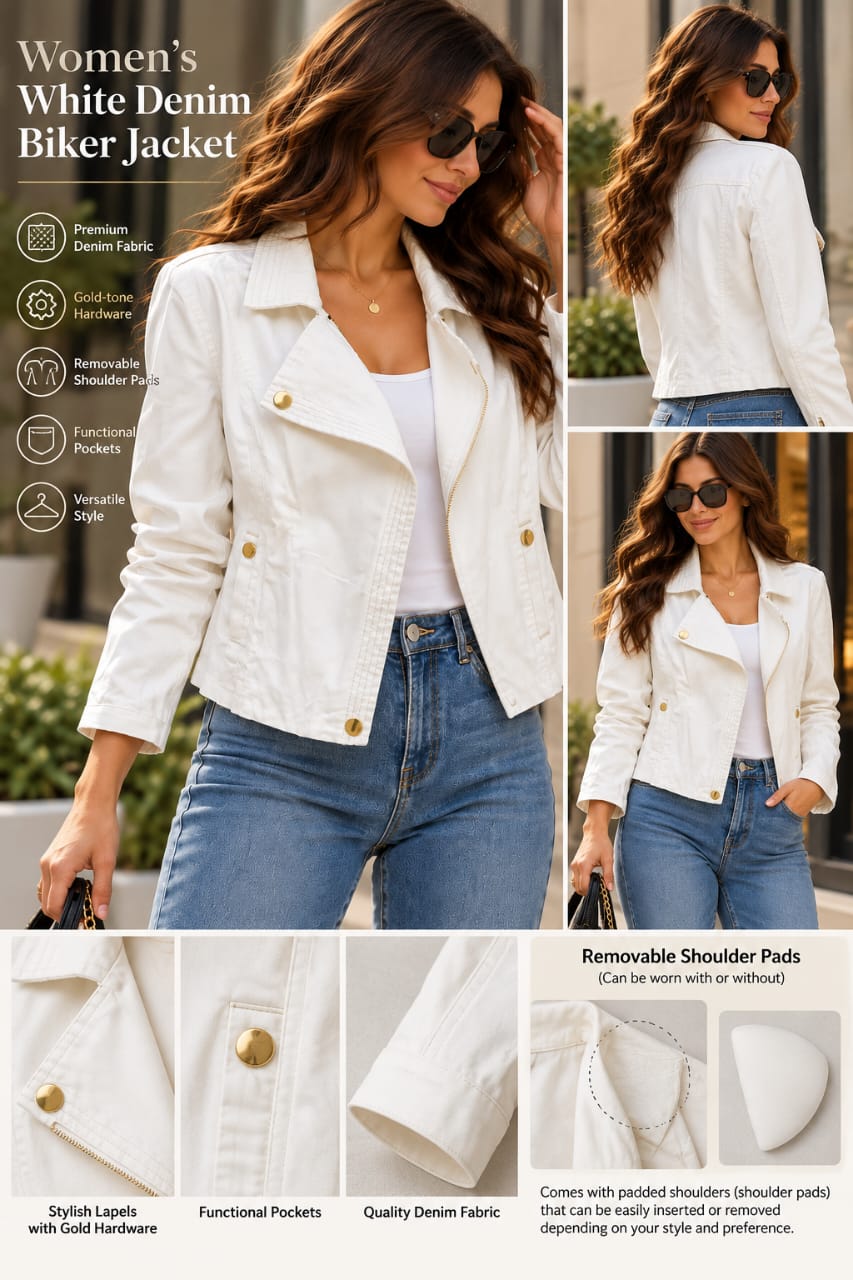 Ellen Tracy Women’s White Denim Biker Jacket with Gold Hardware, XL