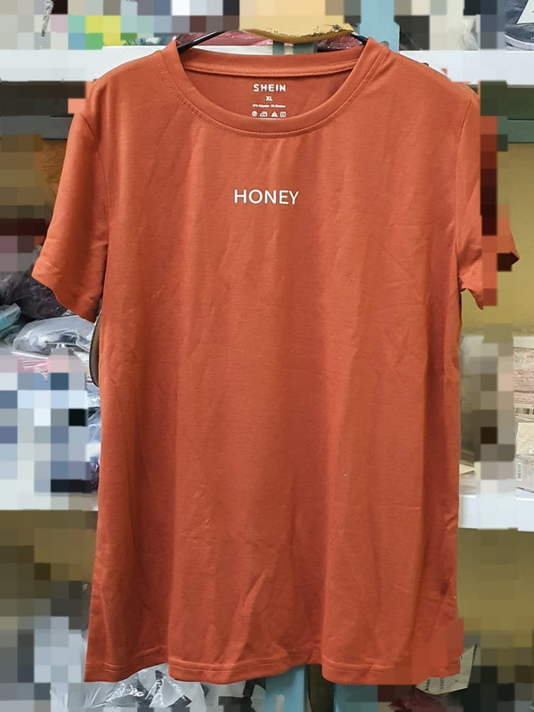 Shein Honey Print Short Sleeve T-shirt, XL */