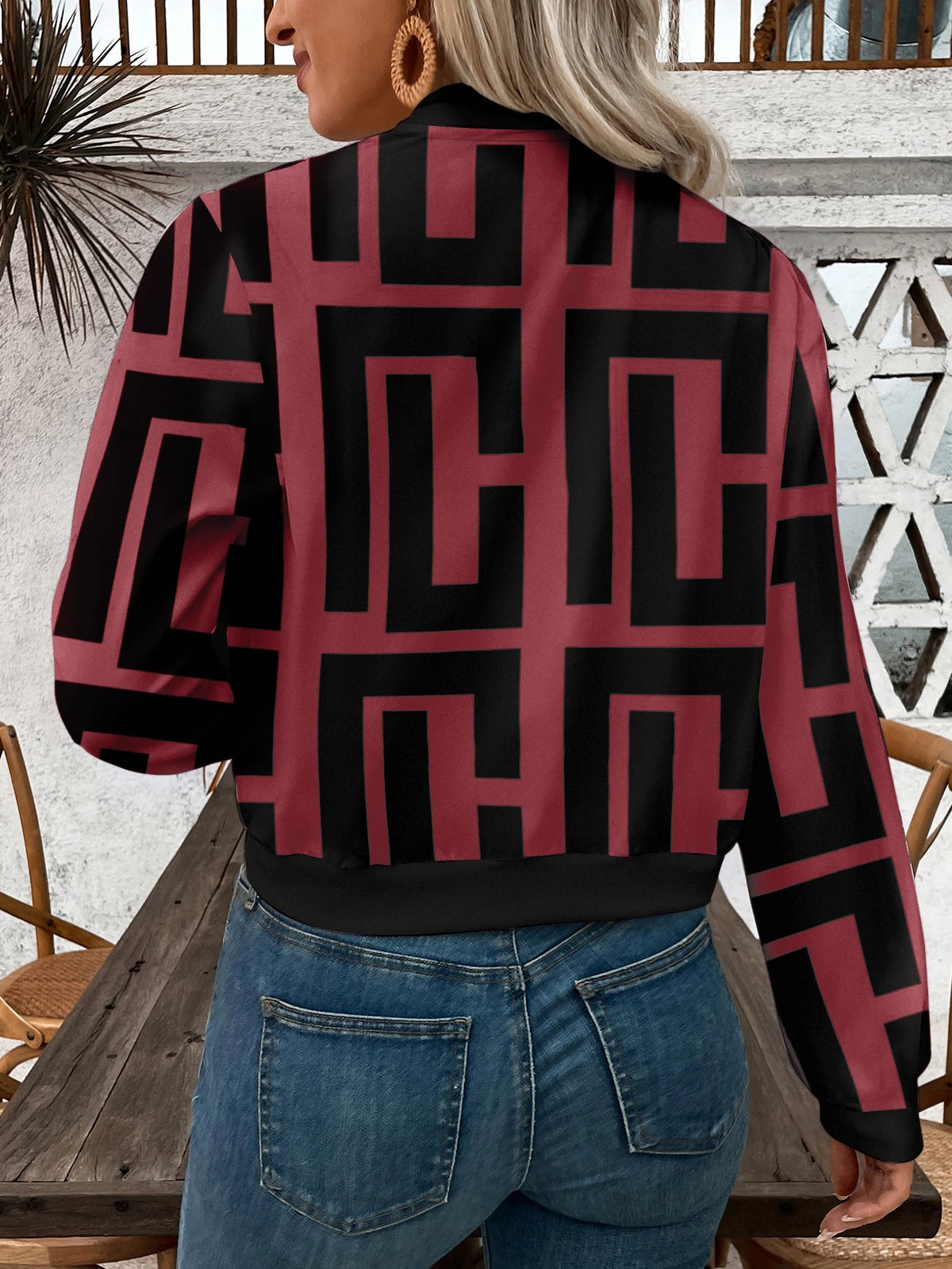 Women's Zipper Print Short Bomber Jacket