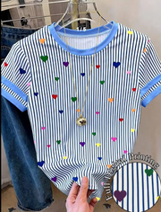 Shein Round Neck Striped Heart Print Casual Versatile Commuting Short Sleeve T-Shirt, M -.