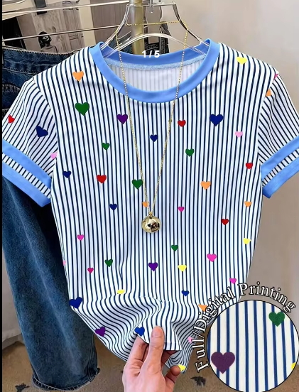 Shein Round Neck Striped Heart Print Casual Versatile Commuting Short Sleeve T-Shirt, M -.