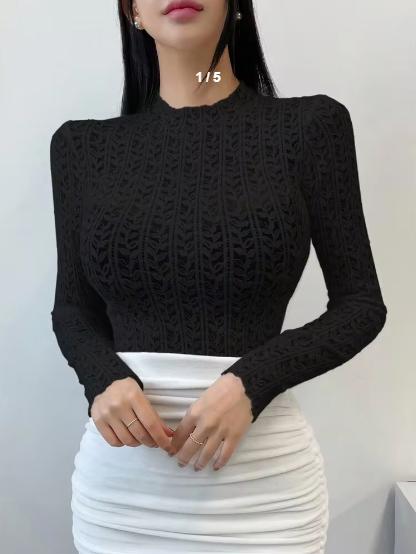 Shein Lace Stand Collar Long Sleeve T-Shirt Base Top, S -.