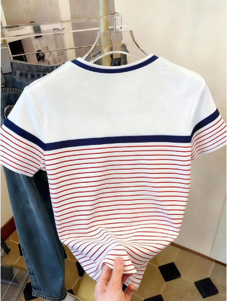 Shein Striped Patchwork Casual Round T-Shirt, XL >