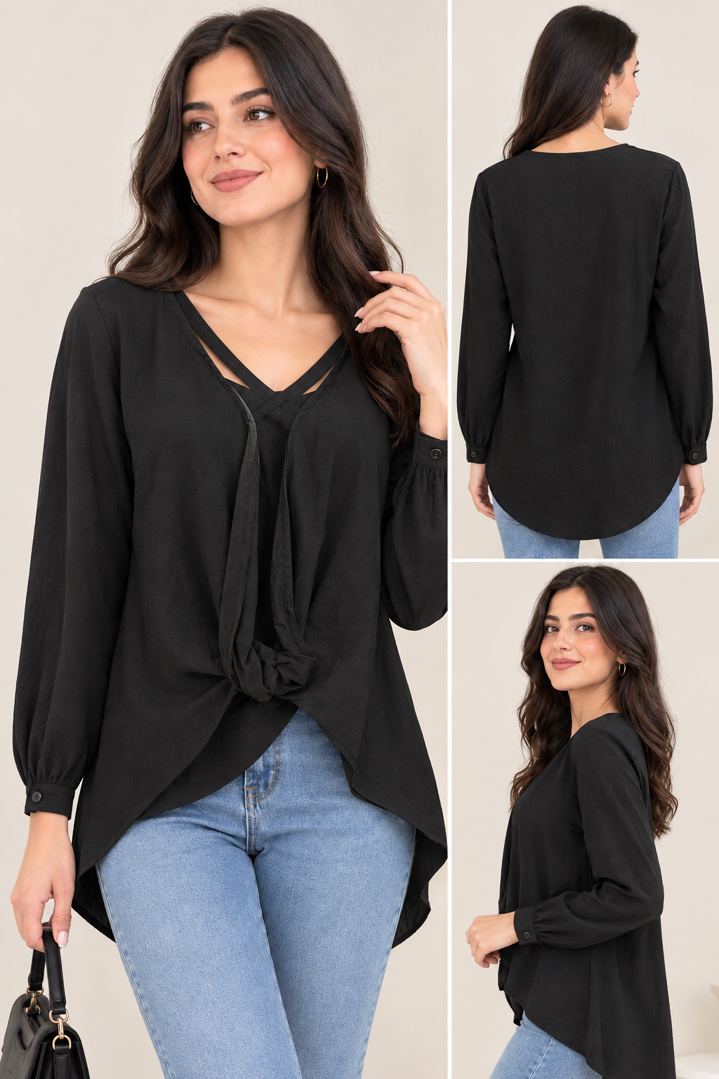 Amazon Women’s Black Long Sleeve Wrap Front Blouse with Button Cuffs, XL >