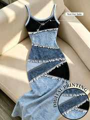 Women's Colorblock Digital Print Spaghetti Strap Midi Dress