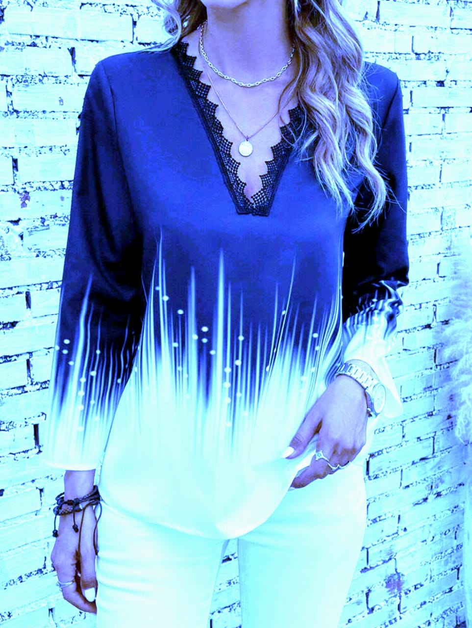 Shein Colorblock Lace Trim Blouse, XL -.