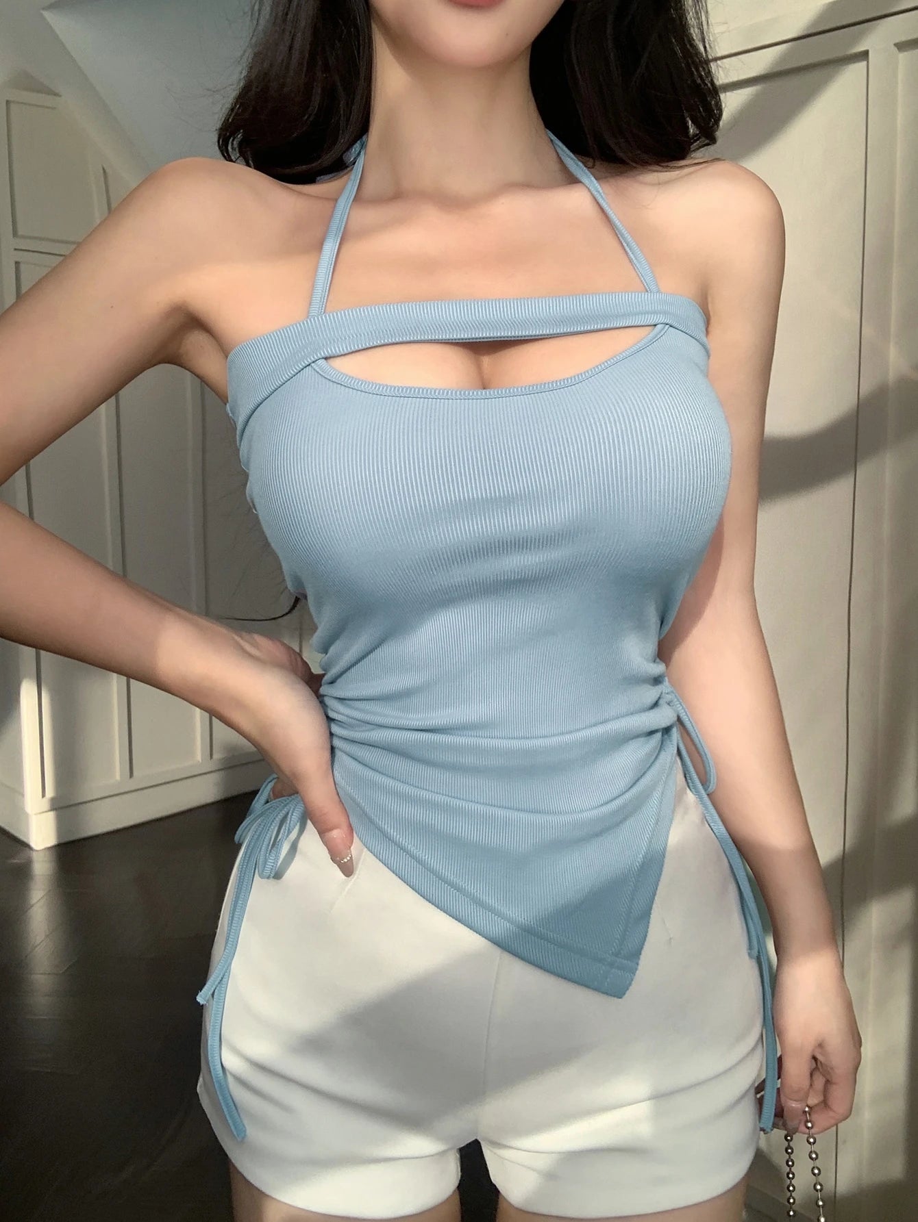 Women's Cutout Side Drawstring Halter Neck Backless Tube Top Baby Blue