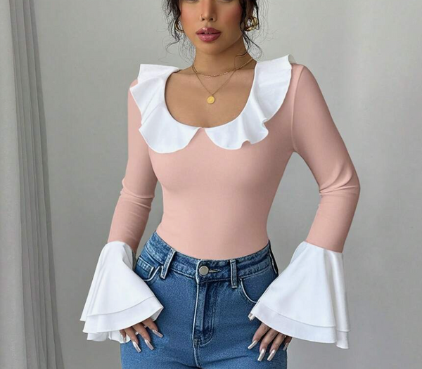 Shein Women Contrast Color Ruffle Trim Round Neck T-Shirt, L +