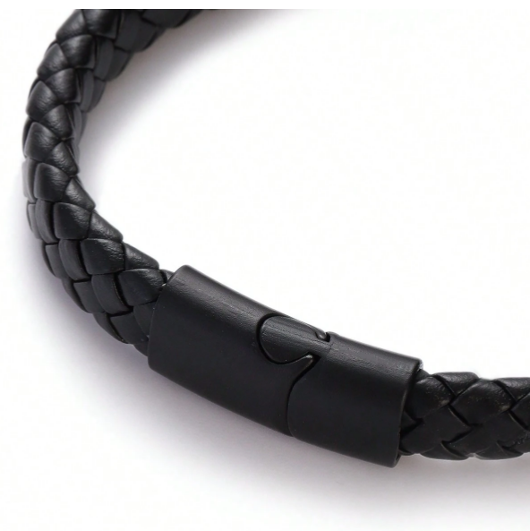 1pc Pure PU Leather Bracelet Punk Leather Wristband Titanium Steel Braided Leather Rope
