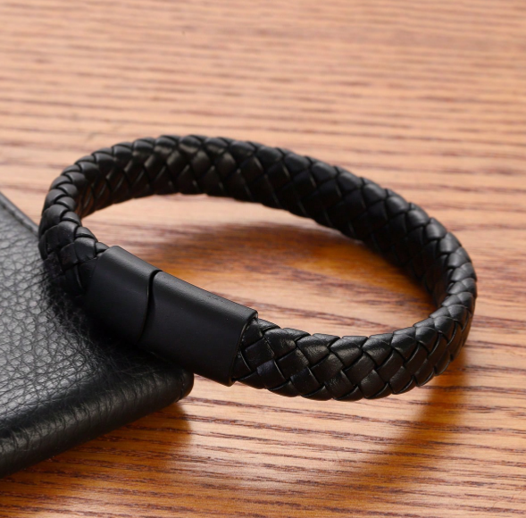1pc Pure PU Leather Bracelet Punk Leather Wristband Titanium Steel Braided Leather Rope