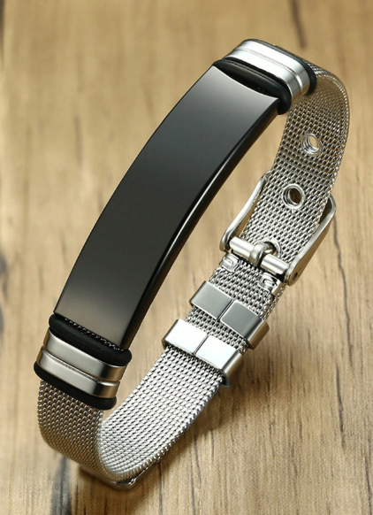 SHEIN 1pc Stainless Steel Mesh Bracelet, Black, Length 17-22cm, For Men