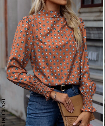 Shein Allover Print Mock Neck Flounce Sleeve Blouse -.