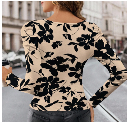 Shein Square Neck Long Sleeve Floral Print Women T-Shirt, M -.