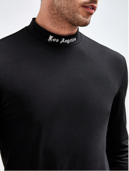 Shein Men Regular Letter Graphic Mock Neck Long Sleeve Urban Tee, XL -.